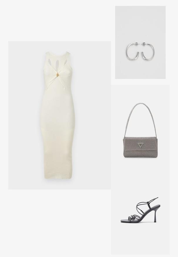 Kreemist ribbiga keha lähedane kleit, millel on lõikepragud õlgadel ja väänatud esiosa disain, kus keskosas on kullatud aktsent.; Mustad musta värvi kontsandaalid on varustatud peente rihmadega, millel on sõlmekujundus, siledad ruudukujulised varbad ja stiilne stilettokonts.; Helehall metallik handbags, millel on kett, kaunistatud väikeste ümmarguste metallist õmblustega ja kolmnurkse brändi logoga.; Hõbedased rõngaskõrvarõngad, millel on sile ja läikiv pind. Ümar kuju, kerge disain, millel on post-tagumise kinnituse süsteem.