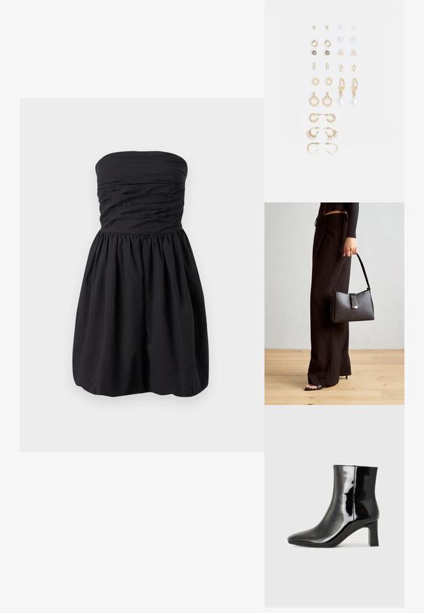 Melnā strapless kleita ar sakumpotu audumu pie krūšu zonas un izplūdušu svārku. Izgatavota no viegla materiāla ar gludu tekstūru.; Melnas patentētas ādas potīšu zābaki ar norādītu pirkstu un vidēja augstuma kvadrātveida papēdi. Gluda tekstūra un minimālisma dizains.; Melnā somiņa ar strukturētu formu, gludu tekstūru un metālu sprādzi. Saskaņota ar platām melnām biksēm un sandālēm ar atvērtu purngalu uz koka grīdas.; Zeltainā tonī auskari, kas iekļauj dažādus dizainus, tostarp pīrsingu, gredzenus un karājošus elementus ar pērlēm un rhinestones.