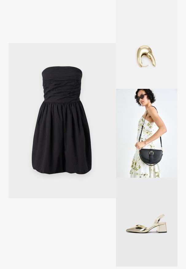 Fekete, pánt nélküli ruha, amelynek a bodice része ráncolt anyagból készült, és bővülő szoknyával rendelkezik. Könnyű anyagból készült, sima tapintású.; Arany, fémből készült slingback sarkú cipők hegyes orral és vastag sarokkal. Simaság, minimalista design és keskeny pánt jellemzi.; Fekete bőrtáska ívelt formával, levehető pánttal és arany színű fémrészekkel. A táskán egy csattal díszített fedél található.; Aranyszínű fém fülbevaló, elegáns, ívelt formával. Különleges hegyes alak, fényes felszín és zsanéros záródás jellemzi.