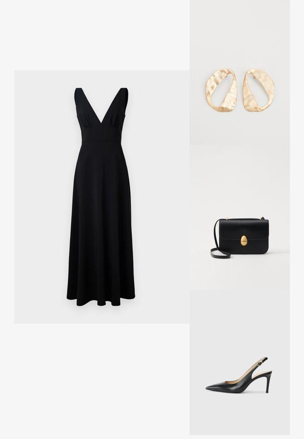 Svart klänning gjord av mjukt tyg, med djup V-ringning, breda axelband och en svängig kjol som når golvet. Enkelt och elegant design.; Svarta läder slingback-högklackade skor med spetsig tå, justerbar rem och en smal stilettklack, med en slät finish.; Svart läderhandväska med en strukturerad rektangulär form. Har ett gyllene ovalt lås och ett tunt axelband. Slät textur.; Ett par oregelbundna ovalformade örhängen i guldtonad metall med en strukturerad, något hamrad yta på en vit bakgrund.
