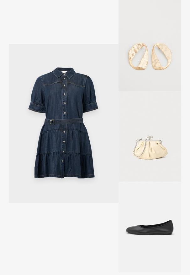 Denim dress in dark blue with short puff sleeves, a button-down front, tiered skirt, and matching belt. Features subtle stitching details.; Black leather ballet flat with a rounded toe, smooth texture, minimal stitching detail, and a flexible sole design.; Pleated beige leather clutch with a silver metal frame, featuring two round decorative clasps and a silver chain strap.; Pair of irregular oval-shaped gold-toned metal earrings with a textured, slightly hammered surface on a white background.