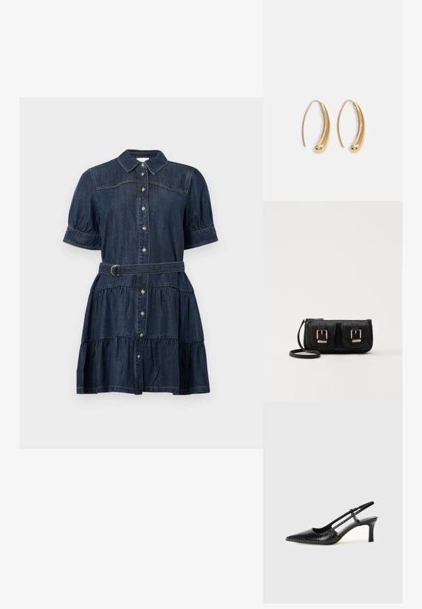 Sukienka dżinsowa w ciemnym niebieskim kolorze z krótkimi bufkami, zapinana na guziki z przodu, z wielowarstwową spódnicą i dopasowanym paskiem. Charakteryzuje się subtelnymi detalami przeszyć.; Czarne lakierowane czółenka na obcasie typu slingback z wąskim noskiem, z teksturowanym wzorem wężowym, regulowanym paskiem oraz krótkim, teksturowanym obcasem w kształcie słupka.; Czarna skórzana torba na ramię z dwoma przednimi kieszeniami, złotymi klamrami, zamkiem błyskawicznym i cienkim paskiem. Teksturowana powierzchnia i kompaktowy prostokątny kształt.; Złote metalowe kolczyki w kształcie obręczy o zakrzywionym, wydłużonym kształcie. Posiadają gładką, błyszczącą powierzchnię oraz zaokrąglony koniec dla dodatkowego efektu.