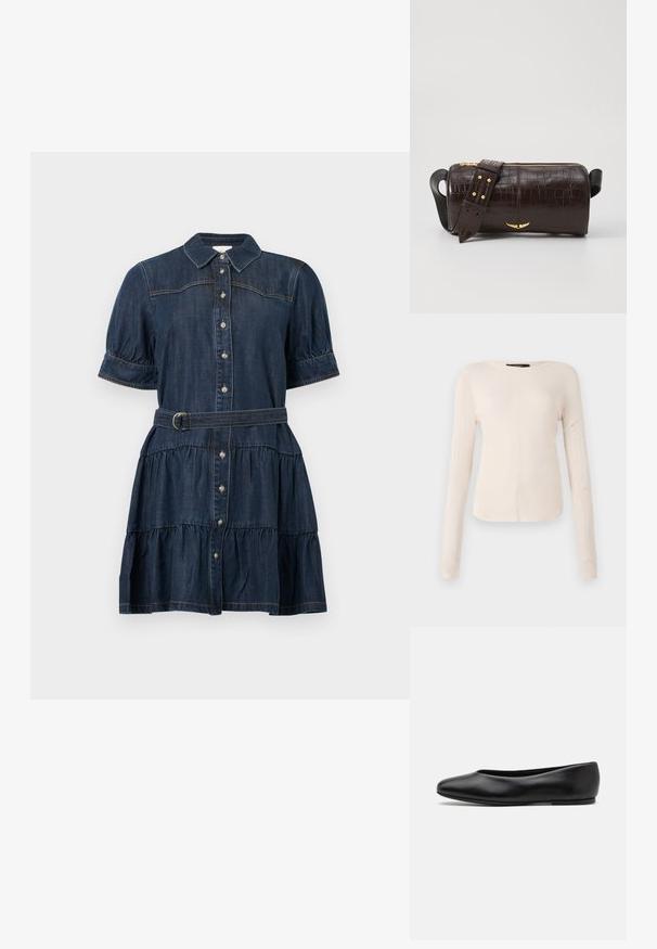 Denimkjole i mørkeblå med korte pufærmer, knaplukning foran, flæset nederdel og matchende bælte. Har diskrete syningsdetaljer.; Langærmet, lys beige top med rund halsudskæring. Lavet af blødt stof, har en central søm og let buet kant. Der er ingen synlige metaldele.; Paul Smith TOPANGA - Ballerinasko - black; Brun krokodilleder taske med cylindrisk form, hardware i guld-tone, og en aftagelig rem med nitter.