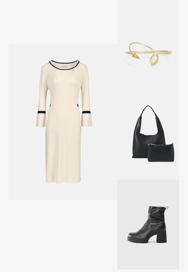 Kremfarvet strikket kjole med trekvart lange ærmer med klokkeform, prydet med marineblå detaljer ved halsudskæringen og manchetterne samt sidelommer. Enkel, tætsiddende design.; Sorte ankelstøvler lavet af glat læder, med en sidelukning, kraftig struktureret hæl og rundt tådesign.; Even&Odd Håndtasker - black; Guldfarvet metalarmbånd med flydende, kurvet design. Har en lille, fremtrædende sølvfarvet accent i den ene ende.