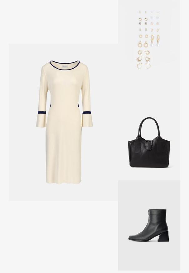 Rochie tricotată crem cu mâneci clopot până la trei sferturi, având accente bleumarin la decolteu și manșete, și buzunare laterale. Design simplu, ajustat.; Botină neagră din piele, cu vârf pătrat, fermoar pe lateral și toc bloc, pe un fundal simplu deschis.; Geantă tote din piele neagră cu textură netedă, formă structurată, două mânere și un detaliu proeminent din aliaj de argint pe partea din față.; Set de cercei aurii, cu diverse designuri, inclusiv cercei tip stud, cercei hoop și cercei lungi cu perle și strassuri.