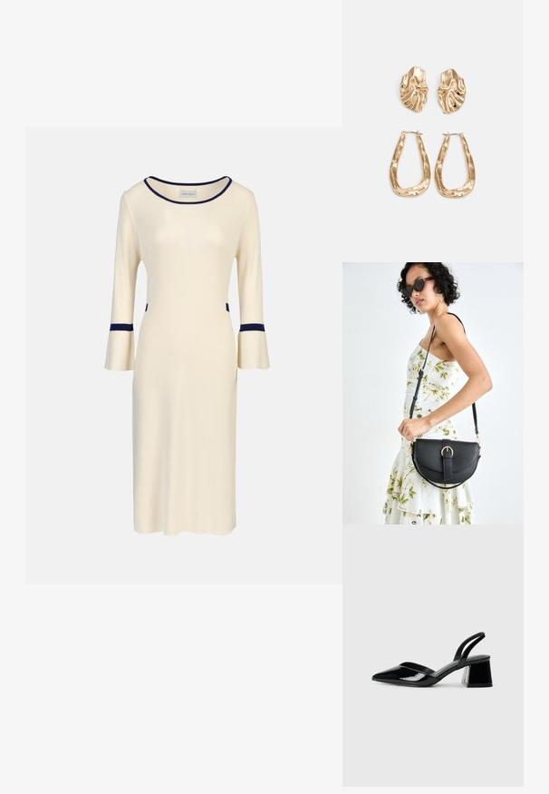 Valkoinen neulepuku, jossa on kolmen neljänneksen hihoissa kellotetut hihansuut, merimiessiniset yksityiskohdat kaula-aukossa ja hihansuissa, sekä sivutaskut. Yksinkertainen, lievästi vartalonmyötäinen malli.; Mustat patentoitu nahkakengät, joissa on säären takaosa ja terävä kärki, sekä geometrinen palikkakorko. Sisältää tyylikkään, minimalistisen muotoilun ja sileän pinnan.; Musta nahkainen käsilaukku, joka on kaareva muotoilultaan, irrotettavalla hihnalla ja kultaisilla yksityiskohdilla. Laukussa on läppä, jossa on solk yksityiskohta.; Korukultainen korvakorut, joissa on teksturoituja, aaltoilevia muotoja. Mukana on veistokselliset klipsikorvakorut ja avoin rengasmalli, jossa on vasaroitu pinta.