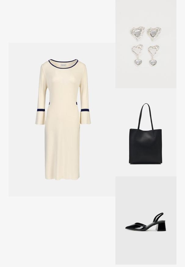 Krémové pletené šaty s tromištvrťovými zvonovými rukávmi, so námorníckymi akcentmi na výstrihu a rukávoch a bočnými vreckami. Jednoduchý, priliehavý dizajn.; Čierne lakované kožené sandálové podpätky s špicatou špičkou a geometrickým blokovým podpätkom. Disponujú elegantným, minimalistickým dizajnom a hladkým povrchom.; Čierna kožená taška na rameno s hladkým povrchom, obdĺžnikovým tvarom a dvoma dlhými uchami. Bez viditeľného kovania alebo ozdôb.; Strieborné náušnice v tvare srdca sú zdobené facetovanými čírymi kameňmi s textúrovaným rámom. Sada obsahuje štýly so zapichovaním a visiacich náušníc.