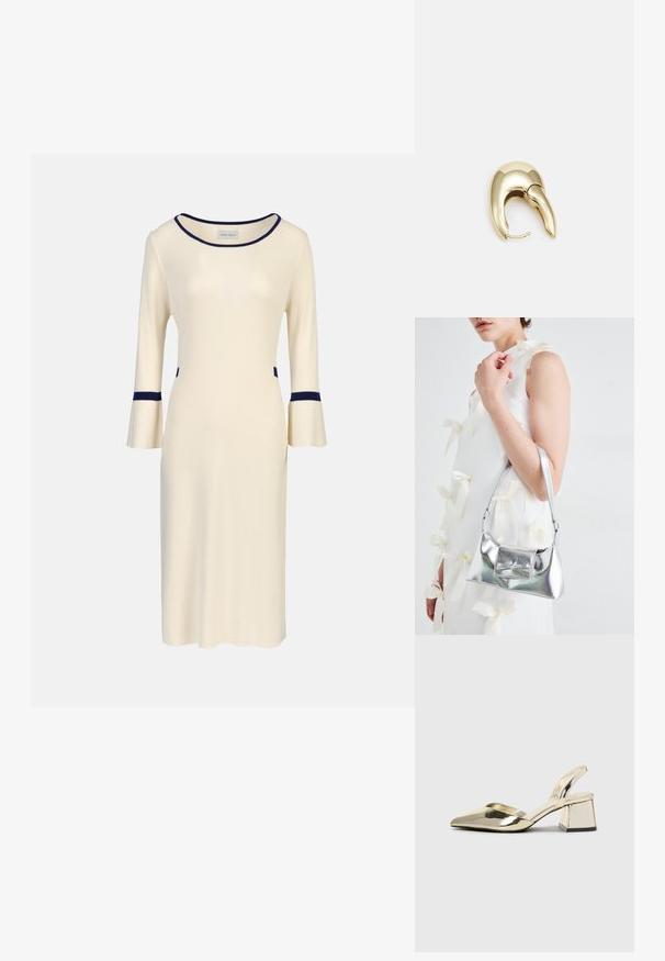 Cream knit dress with three-quarter bell sleeves, featuring navy accents at the neckline and cuffs, and side pockets. Simple, fitted design.; Gold, metallic slingback heels with a pointed toe and chunky heel. Smooth texture, minimalistic design, and a narrow strap.; Silver metallic handbag with a structured shape, featuring a top handle and bow detail on the front. Smooth texture, reflective finish.; Gold-tone metal earring with a sleek, curved design. Features a distinctive pointed shape, polished surface, and hinge closure.