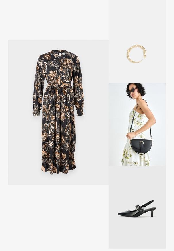 Duga crna haljina s paisley printom u bež i narančastoj boji. Ima V-izrez, dugačke rukave i cinčani struk s vezicom.; Crne lakirane slingback potpetice s oštrim prstom i malom blok petom, s naglaskom na srebrnoj kopči na remenu.; Crna kožna torba s lukovitim oblikom, odvojivim remenom i zlatnim detaljima. Torba ima preklop s kopčom.; Prsten u zlatnoj nijansi s organskim, uvijenim dizajnom, glatkom teksturom i suženim krajevima, koji stvara moderan, skulpturalni izgled.