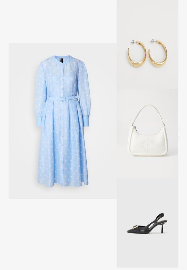 Lysblå langærmet kjole med hvide prikker, knaplukning foran og bælte i taljen. Har en rund krave og plisseret skørtej.; Sort læder slingback sko med spids tå, slank hæl og guldfarvet hardware detalje på forfoden. Glat tekstur og struktureret design.; Hvid lædertaske med en buet form, der har et præget "CK"-logo på fronten og en enkelt skulderrem. Lynlåslukning i toppen.; Guldfarvede hoop øreringe med et glat, buet design. Fremstillet af metal, med en elegant overflade og post-back lukning.