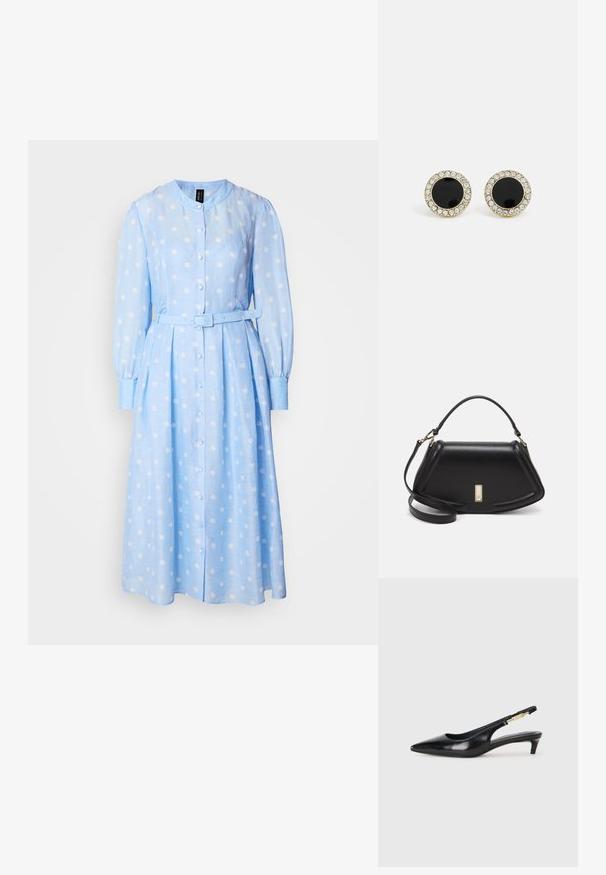 Lysblå langærmet kjole med hvide prikker, knaplukning foran og bælte i taljen. Har en rund krave og plisseret skørtej.; Sorte læder slingback hæle med spids tå, der har en slank hæl og en guldfarvet detalje på den justerbare rem. Glat tekstur.; Sort læderhåndtaske med en struktureret design, der har en kortet form, tophåndtag og guld hardware-accenter. Justerbar skulderrem inkluderet.; DKNY INLAY STUD - Øreringe - black/gold-coloured