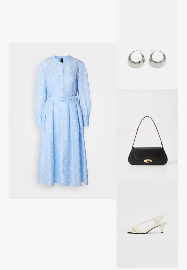 Lysblå langærmet kjole med hvide prikker, knaplukning foran og bælte i taljen. Har en rund krave og plisseret skørtej.; Beige blokhælede sandaler med tynde remme og en firkantet tå. Glat materiale med minimal detaljering, designet til nem brug.; Sort læderhåndtaske med et buet design, guldfarvet hardware og en øverste håndtag. Har en strømlinet lukning og en glat tekstur.; Sølvfarvede metalørehængere med en glat, skinnende overflade og et struktureret, afrundet design. Udstyret med en hængslet lås for sikker bæring.