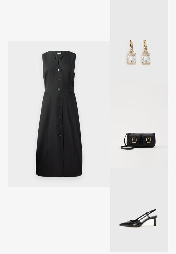 Schwarzes ärmelloses Kleid mit V-Ausschnitt, sieben Knöpfen auf der Vorderseite und zwei seitlichen Taschen; glattes Material und figurbetonter Schnitt.; Schwarze Lack-Slingback-Pumps mit spitzem Zehenbereich, versehen mit strukturiertem Schlangenprint, verstellbarem Riemen und einem kurzen, strukturierten Blockabsatz.; Schwarze Leder-Umhängetasche mit zwei vorderen Taschen, goldenen Schnallen, Reißverschluss und einem schmalen Tragegurt. Texturierte Oberfläche und kompakte rechteckige Form.; Ohrringe in Goldfarbe mit einem rechteckigen, durchsichtigen Kristall, der unter einer Reihe kleiner, runder klarer Akzente hängt. Elegantes, modernes Design.
