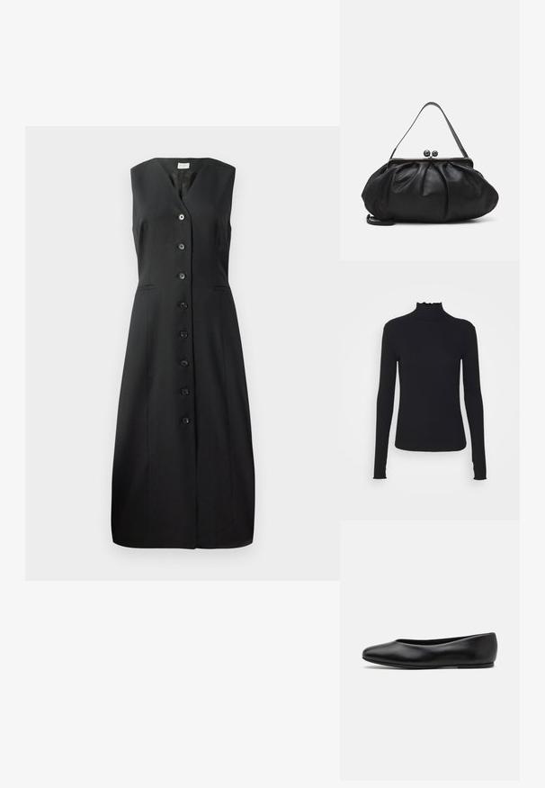 Schwarzes ärmelloses Kleid mit V-Ausschnitt, sieben Knöpfen auf der Vorderseite und zwei seitlichen Taschen; glattes Material und figurbetonter Schnitt.; Schwarz, langärmliges Turtleneck-Oberteil aus glattem Material, mit einem gerafften Kragen und einer enganliegenden Silhouette mit einfachen Kanten.; Paul Smith TOPANGA - Klassischer Ballerina - black; Schwarze Lederhandtasche mit einer runden, gefalteten Form. Verfügt über einen metallischen Verschluss mit zwei dekorativen Kugeln und einem schmalen, abnehmbaren Tragegurt.