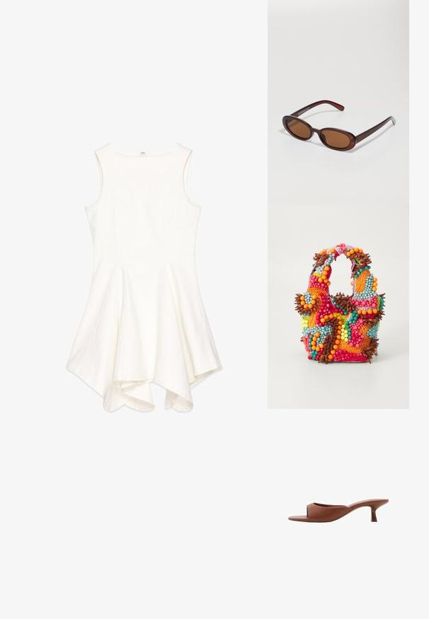Abito bianco senza maniche con un design svasato, realizzato in tessuto testurizzato; presenta un collo rotondo e un orlo asimmetrico.; Mule con tacco aperto di colore marrone, con una finitura liscia e opaca, caratterizzate da un design curvo e un tacco trasparente e affusolato.; Occhiali da sole rotondi con tonalità marrone, montatura lucida color bordeaux. Aste sottili con un sottile dettaglio del marchio. Design delle lenti piatte.; Borsa a perline con colori vivaci: rosa, arancione, blu e marrone. Superficie testurizzata con perline circolari e forme organiche, manici robusti.
