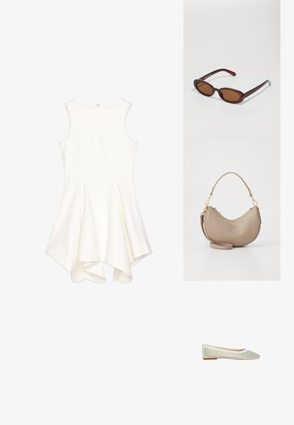 Robe sans manches blanche avec un design évasé, confectionnée dans un tissu texturé ; présente un col rond et un ourlet asymétrique.; Ballet flats blanches perforées avec un bout pointu et une semelle en caoutchouc plate. Le matériau semble lisse avec une texture et un motif uniformes.; Lunettes de soleil rondes teinte brun avec une monture bordeaux brillante. Branches fines avec un détail de marque subtil. Design de verres plats.; Sac à main en cuir beige en forme de croissant avec fermeture éclair en haut, bandoulière détachable et logo doré "Lacoste Paris" à l'avant.; Bague en métal doré avec un design lisse et courbé, et une finition polie. Présente une forme organique, large au centre et se rétrécissant vers les bords.