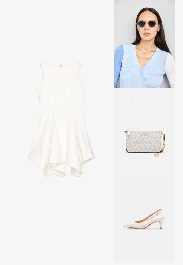 Robe sans manches blanche avec un design évasé, confectionnée dans un tissu texturé ; présente un col rond et un ourlet asymétrique.; Talons aiguilles blanches à bride arrière avec un bout pointu, un dessus lisse, un petit talon carré et un design avec découpes latérales et sangle réglable.; Lunettes de soleil rondes avec verres sombres et monture en or. Le modèle porte un cardigan à côtes bleu clair avec des boutons et des manches blanches contrastantes.; Porte-monnaie Michael Kors en toile enduite beige avec un motif répété de logo MK, des accessoires en or et une bandoulière en chaîne amovible.