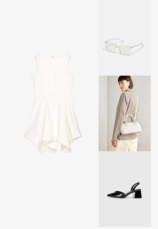 Balta be rankovių suknelė su išsiplėtimo dizainu, pagaminta iš tekstūruoto audinio; turi apvalų iškirpimą ir asimetrišką sijoną.; Juodos lakuotos odinės šlepetės su smailiu pirštu ir geometriniu bloko kulnu. Turi elegantišką, minimalistinį dizainą ir lygų paviršių.; Permat nuleidžiai skaidrūs kvadrato formos akinius su permatomais lęšiais, kurie turi auksines detales ant šventyklų.; Balta struktūruota rankinė su trumpomis rankenomis ir peties diržu, su auksinėmis detalėmis ir tekstūruota medžiaga, pastatyta prieš pilką foną.
