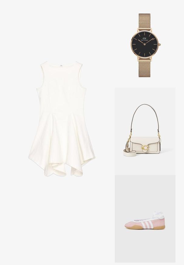 Vestido blanco sin mangas con un diseño acampanado, hecho de tela texturizada; presenta un escote redondeado y un dobladillo asimétrico.; adidas Originals TAEKWONDO MEI BALLET - Zapatillas - clear pink/ftwr white/gum; Bolso de mano de cuero crema con un diseño estructurado, bordes negros contrastantes, herrajes dorados y una correa desmontable con un logo distintivo.; Reloj con correa de malla dorada de Daniel Wellington, con un dial negro redondo, marcadores de hora dorados y logo a las 12 en punto. Diseño simple y elegante.