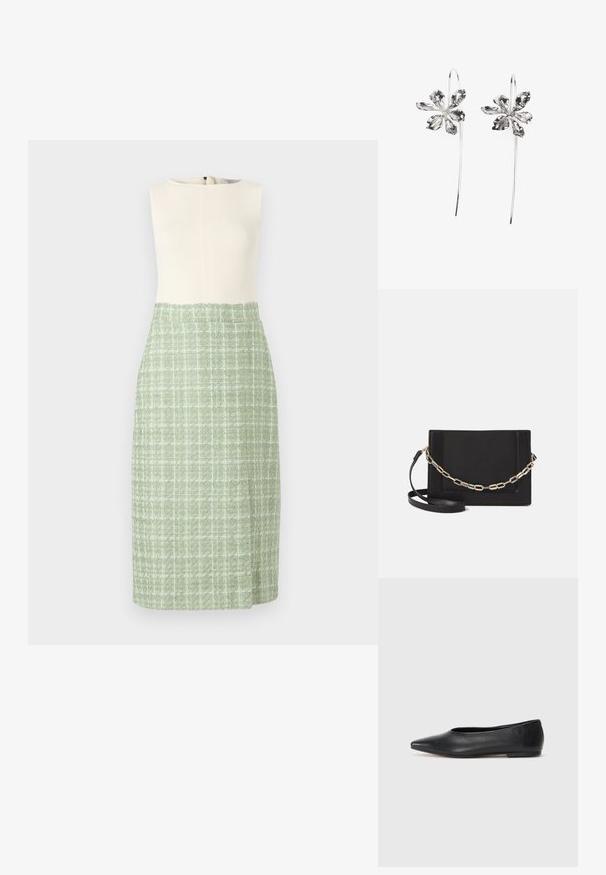 Ermeløs kjole med en ribbestrikket kremfarget topp og et grønt teksturert stoffskjørt som har et lyst rutemønster. Lukkes med glidelås i siden.; Sorte lærballerina med spiss tå, minimalistisk design, glatt tekstur, lav hæl uten synlig metall eller dekorasjoner.; Svart lær crossbody-veske med glatt tekstur, rektangulær form og metallkjede detaljer på framsiden. Justerbar stroppe inkludert.; Sølvblomstformede ørevipper med en teksturfinish, der har lange kroker og kronbladlignende detaljer for et intrikat design.