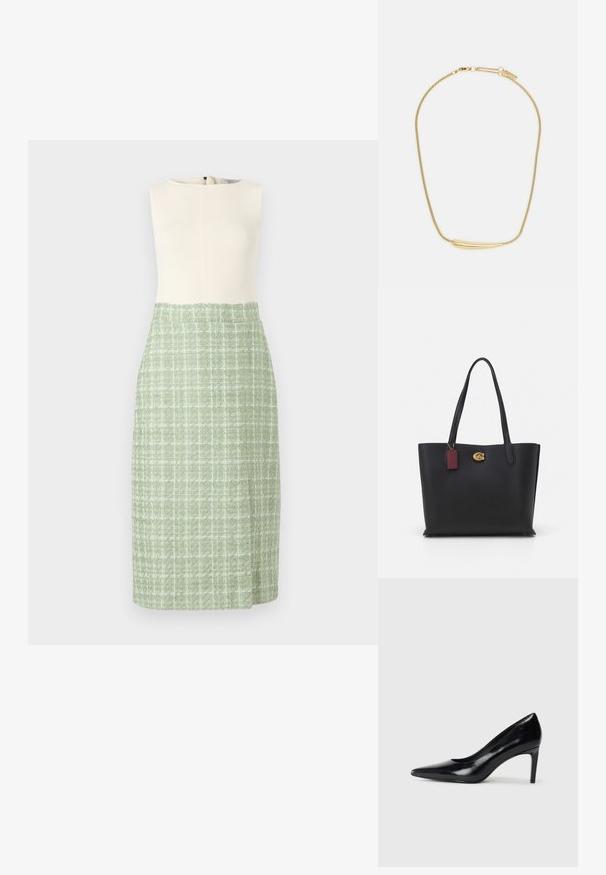 Šaty bez rukávů s ribovaným krémovým topem a sukní z texturované zelené látky s jemným kostkovaným vzorem. Zipová boční uzávěrka.; Černé kožené boty na vysokém podpatku s špičatou špičkou, hladkým povrchem a zúženým podpatkem. Minimalistický design, bez dalších ozdob.; Černá kožená taška přes rameno s dvěma dlouhými ucha, texturovaný povrch, zlaté kovové detaily a vínová etiketa. Prostorný design s otevřeným vrchem.; Zlatem pokovený náhrdelník s hladkým, zakřiveným centrálním akcentem. Disponuje flexibilním řetízkem s karabinovým zapínáním a dodatečnými nastavitelnými články řetězu.