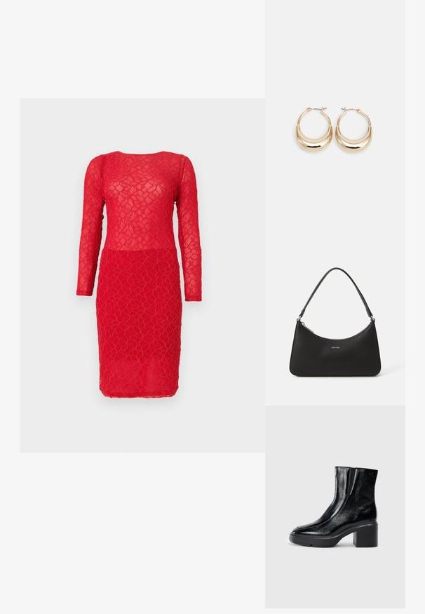 Raudona nėriniuota suknelė su ilgomis rankovėmis, turinti tekstūrinį gėlių raštą ir prigludusią siluetą. Pusiau permatomas audinys visame paviršiuje.; Juodi lakiniai auliniai batai iki kulkšnies, su išlenktu pirštu, elastinėmis šoninėmis panelėmis ir masyviu blokuotu kulnu. Apdailoje užpakalinėje dalyje įspaustas logotipas.; Juodas odinis rankinukas, turintis kreivinę formą, siaurą rankeną, sidabrinę užtrauktuką ir Calvin Klein logotipą priekyje. Lygus tekstūra ir minimalistinis dizainas.; Auksinės tonacijos auskarai su mėnulio forma, lygus paviršius ir sklendės uždarymas. Lygus tekstūra ir atspindintis finis padidina matomumą.