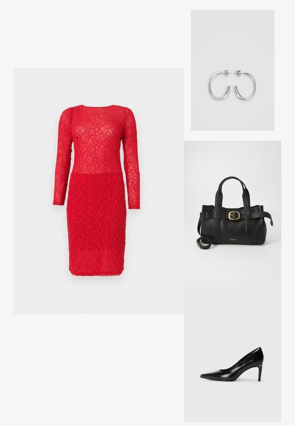 Punane pitskleit pikkade varrukatega, millel on tekstuuriga lillemuster ja keha lähedane siluett. Poolhämar kangas üle kogu kostüüri.; Mustmust musta kõrge kontsaga king, millel on terav varvas, sile tekstuur ja kitsenev konts. Minimalistlik disain, ilma täiendavate kaunistusteta.; Must mustraga nahkakott, millel on struktureeritud disain, kaks ülemist kanda, kuldse tooni pandla aktsent ja esiküljel embosseeritud brändi logo.; Hõbedast rõngaskõrvarõngad sileda ja läikiva pinnaga, kõveriku kujuga ning postitaksega sulgur. Minimalistlik disain kaasaegse viimistlusega.