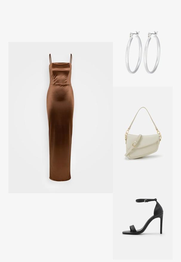 WAL G TALL AUTUMN WEDDING BELLA STRAPPY MAXI - Džersio suknelė - chocolate brown; Juodas aukšto kulno sandalai su elegantišku dizainu, turintys kulkšnies dirželį, atvirą pirštą ir lygaus odos paviršiaus tekstūrą.; Mažas kreminis rankinukas su tekstūruotu paviršiumi, ilga reguliuojama juostele, grandinėle ir užsegimu su atvartu. Aukso detalės.; Sidabriniai auskarai su sklandžiu, poliruotu paviršiumi. Apvalios formos ir saugus uždarymo mechanizmas. Lengvas dizainas, tinkantis kasdieniam dėvėjimui.