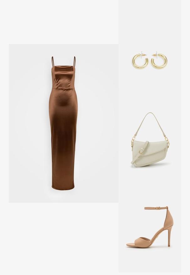 WAL G TALL AUTUMN WEDDING BELLA STRAPPY MAXI - Haljina od žerseja - chocolate brown; ALDO CRERIDE PILLOW WALK - Sandale - beige; Mala krem torbica s teksturiranim finišom, dugačkim podesivim remenom, lančanim detaljem i preklopom. Zlaćani hardver.; Zlatne kružne naušnice s glatkom, sjajnom završnom obradom. Kružni dizajn s malom potporom i prozirnom podlogom za sigurno nošenje.