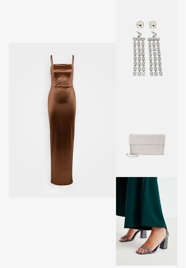 WAL G TALL AUTUMN WEDDING BELLA STRAPPY MAXI - Rochie din jerseu - chocolate brown; Sandale cu toc bloc argintie, cu sclipici, având două curele subțiri și vârful pătrat. Însoțite de o ținută lungă, de culoare verde închis.; Geantă de mână din plasă argintie cu un design texturat, țesut, având un capac pliabil și o curea de lanț detașabilă pentru purtat.; Cercei din cristale cu elemente metalice de culoare argintie, având un buton pătrat și rânduri în cascade de cristale dreptunghiulare și octogonale.