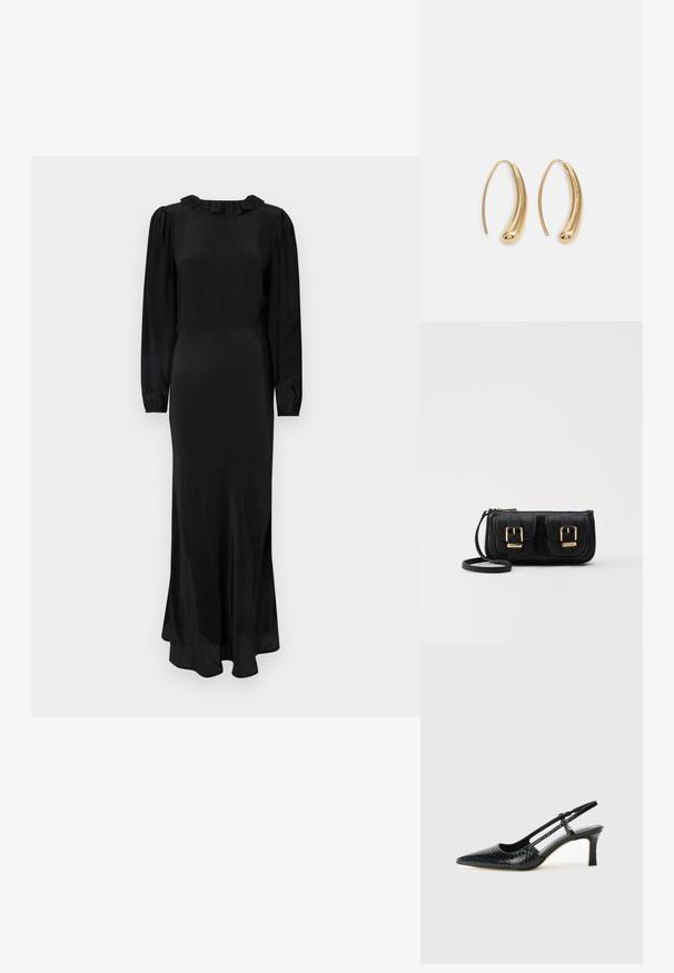 Musta pika varrukaga kleit siledast kangast, millel on volangiga kaelus, kehaosa, mis on keha ligi, ja voolav seelik, millel on peen ääreline.; Mustmust paelad, millel on terav varvas, tekstuuriga maduprindiga, reguleeritav rihm ja lühike tekstuuriga plokknina.; Must küllastamata nahast õlakott, millel on kaks esist nähtavat taskut, kuldsed pandlad, tõmblukuga sulgemine ja peen rihm. Tekstuuriga pind ja kompaktne ristkülikukujuline kuju.; Kuldtoonilised metallist rõngas kõrvarõngad, millel on kõver ja piklik kuju. Omavad siledat, läikivat pinda ja ümarat tipptugevdust, mis lisab detaili.