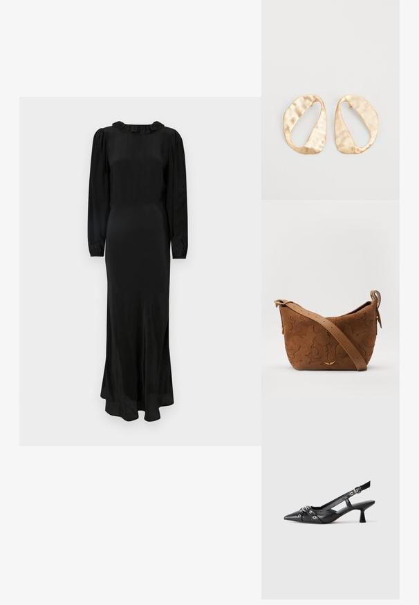 Juoda ilgomis rankovėmis suknelė iš glotnaus audinio su klostuotu iškirpimu, priglundantys bodys, ir laisvas sijonas, turintis subtilų apatinį kraštą.; Juodas odinis slingback tipo batai su smailiu priekiniu atvartu, dekoratyvinėmis sagtimis su metaliniais akyčiais ir žemu blokiniu kulnu. Saldus paviršius.; Ruda suedes pečių rankinė su išsiuvinėtu gėlės dizainu, papildyta lygiu ruduo odos diržu ir auksinės spalvos detalėmis.; Nedidelis nereguliarus ovalo formos aukso tono metalinių auskarų pora su tekstūruota, šiek tiek kalta paviršiumi ant balto fono.