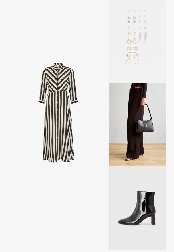 Pikk, nööpidega kleit, millel on julged pruunid ja valged vertikaalsed triibud. Kraega disain, pikad varrukad ja voolav siluett.; Must-sinine nahkjalats musta läikiva viimistlusega, millel on terav nina ja keskmise kõrgusega plokk konts. Sile tekstuur ja minimalistik disain.; Must musta kott, millel on struktureeritud kuju, sile tekstuur ja metallist klamber. Kombineeritud laiate mustade pükstega ja avatud varvaste sandaalidega puidust põrandal.; Kullastusust kõrvarõngaste komplekt, mis sisaldab erinevaid disaine, sealhulgas nööpe, rõngaid ja riputatavaid tükke, millel on pärlid ja rhinestones.