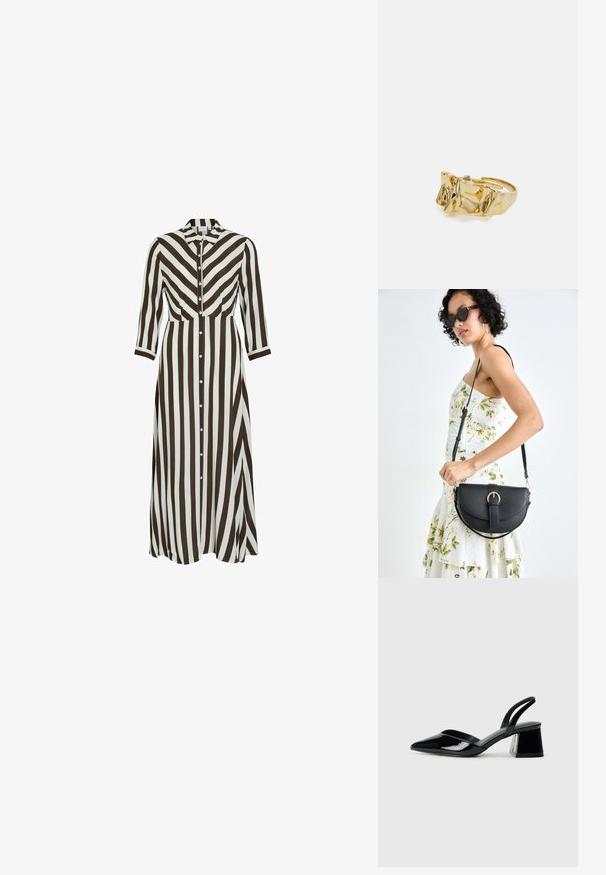 Pikk, nööpidega kleit, millel on julged pruunid ja valged vertikaalsed triibud. Kraega disain, pikad varrukad ja voolav siluett.; Mustad musta lakknahk kingad, millel on terav varvas ja geomeetriline plokkkonts. Omab elegantselt minimalistlikku disaini ja sujuvat tekstuuri.; Mustmust mustraha kõverate joontega, eemaldatava rihmaga ja kuldsete detailidega. Kotil on klapp, millel on pandladetail.; Kuldne sõrmus tekstureeritud, lainelise disainiga, millel on kolm silmapaistvat tippu. Sile, läikiv pind ja avatud riba, mis võimaldab reguleeritavat sobivust.; Kuldne sõrmus tekstureeritud, lainelise disainiga, millel on kolm silmapaistvat tippu. Sile, läikiv pind ja avatud riba, mis võimaldab reguleeritavat sobivust.