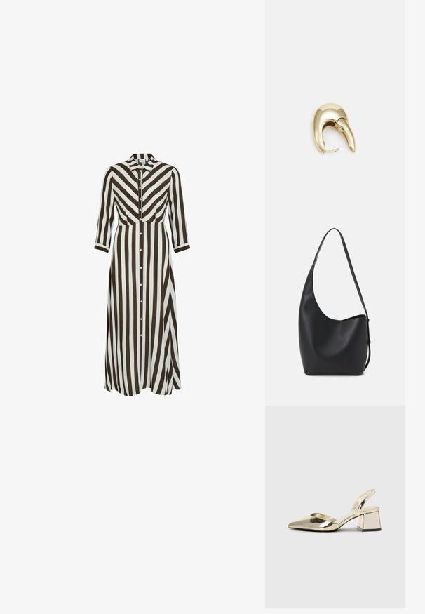 Rochie lungă, cu nasturi, cu dungi verticale îndrăznețe în nuanțe de maro și alb. Design cu guler, mâneci lungi și o siluetă fluidă.; Pantofi cu toc slingback metalici aurii, cu vârf ascuțit și toc chunky. Textură netedă, design minimalist și o curea subțire.; Geantă hobo din piele neagră, cu o textură netedă, formă curbată și un singur bretele ajustabil; are o deschidere largă în partea de sus.; Cercei din metal de culoare aurie cu un design elegant și curbat. Prezintă o formă distinctivă, ascuțită, o suprafață lustruită și un sistem de închidere cu balama.