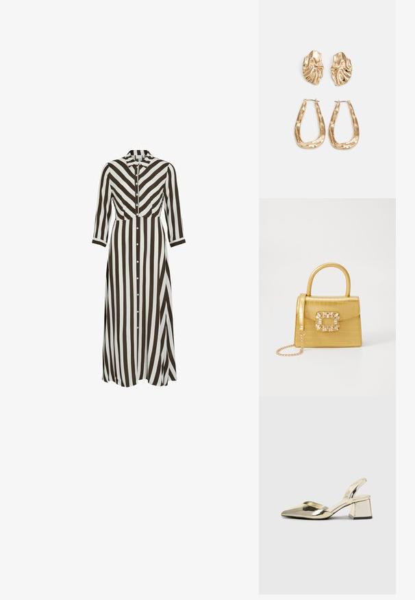 Dlhé, zapínacie šaty s odvážnymi hnedobielymi vertikálnymi pruhmi. S golierom, dlhými rukávmi a voľným strihom.; Zlaté kovové lodičky na podpätku so špicatou špičkou a robustným podpätkom. Hladký povrch, minimalistický dizajn a úzka remienok.; Žltá falošná krokodília kabelka so štruktúrovaným dizajnom, horným držadlom, odnímateľným reťazovým popruhom a dekoratívnym kryštálovým ozdobením na zapínaní.; Náušnice v zlatej farbe s textúrovanými, vlnitými tvarmi. Obsahujú sochárske klipsové náušnice a otvorený tvar krúžku s kladivkovým povrchom.