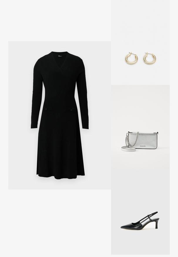 Vestido de malha preto com decote em V, mangas longas, corpete canelado e dois bolsos frontais com botões. Saia rodada e textura suave.; Salto slingback em patente preta com bico apontado, apresentando um padrão de pele de cobra texturizado, tira ajustável e um salto bloco curto e texturizado.; Bolsa crossbody de couro prateada com um acabamento texturizado, detalhes em corrente e alça, e fecho de zíper. Apresenta um logotipo na parte da frente.; Lauren Ralph Lauren BASIC SMALL HOOP - Brincos - gold-coloured