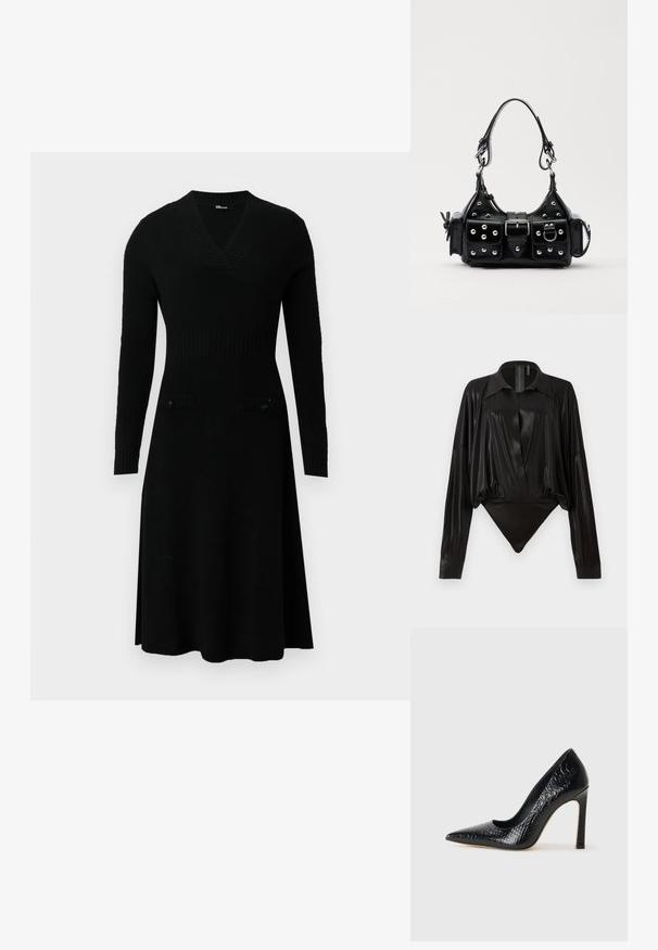 Juoda megzta suknelė su V formos iškirpte, ilgomis rankovėmis, reljefiniu liemeniu ir dviem priekinių kišenių užsegimais. Platėjanti sijonas ir minkšta tekstūra.; Juodas bodžiukas su ilgomis rankovėmis, V formos iškirpte ir prigludusia siluetu. Pagamintas iš blizgaus, lygaus audinio su struktūrizuotu apykakle ir rankogaliais.; Juoda smailiakulnė aukšto kulno bateliai su krokodilo odos tekstūra, pasižymintys elegantišku dizainu, aukštu stiletu kulnu ir lygia juoda vidine dalimi.; Juodas odinis rankinukas su kreiviu dizainu, su sidabro spalvos knopkėmis, užsegimu ir dviem šoninėmis kišenėmis. Reguliuojama dirželis nešimui.