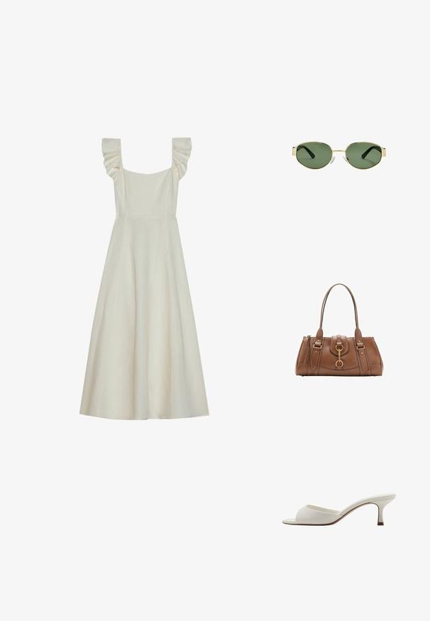 Mekko ilman hihoja, vaalean kermaisen värinen, nelikulmainen kaula-aukko ja röyhelöyksityiskohdat olkapäissä, sopiva yläosa ja liehuva hame.; Valkoiset avonaiset korkeakorkoiset mulesit, joissa on sileä pinta, minimalistinen muotoilu ja hoikka korko, ja joissa on hienovarainen ruskea korostus pohjassa.; Kultaiset metallikehyksiset aurinkolasit, joissa on vihreät sävytetyt linssit, soikea muoto, mustat sankaluvat ja kirkkaat nenätyynyt. Siisti, minimalistinen muotoilu.; Ruskea nahkainen käsilaukku, jossa on kaksoiskahvat, kultaiset metalliosat ja rakenteellinen muotoilu. Sisältää keskiin käännettävän läpän, jossa on lenkkiyksityiskohta.