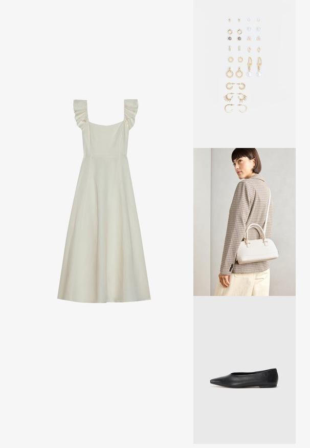 Ärmlös, krämfärgad klänning med fyrkantig halsringning och volangdetaljer vid axlarna, med en figurnära liv och utsvängd kjol.; Svart läderballetflat, spetsig tå, minimalistisk design, slät textur, låg klack, ingen synlig hårdvara eller utsmyckningar.; Vitt strukturerat handväska med korta handtag och en axelrem, med gyllene detaljer och texturerat material, visad mot en grå bakgrund.; Set med guldtonade örhängen med olika designer, inklusive studs, hoops och hängande delar med pärlor och rhinestones.