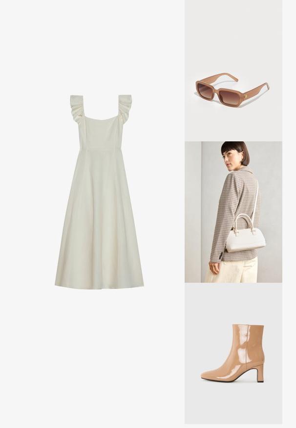 Ilma varrukat, kreemikaalne kleit ruudukujulise kaelusega ja põrutatud õlavarre detailidega, millel on vormistatud rinnaosa ja laienev seelik.; Naha patendi ankle boots, mille terav varvas, läikiv pind ja keskmise kõrgusega plokknina. Sile tekstuur ja stiilne siluett.; Pruunid ristkülikukujulised päikeseprillid, millel on gradient objektiivid, paksud raamid ja logodetail külgedel. Sile plastmaterjal, minimaalne disain.; Valge struktureeritud käekott lühikeste käepidemete ja õlavööga, millel on kuldse riistvara aktsendid ja tekstuuriga materjal, eksponeeritud halli taustal.