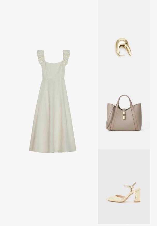 Kratka haljina kremaste boje bez rukava s kvadratnim dekolteom i volanima na ramenima, koja ima prilagođeni gornji dio i lepršavu suknju.; Zlatna metalik štikla s oštrim prstom, remenom oko gležnja s kružnom kopčom i debljim potplatom. Glatka tekstura.; Bežna kožna torba s dvostrukim ručkama, zlatnim kopčanjem i strukturiranim dizajnom koji sadrži kontrastne glatke i teksturirane panele.; Zlatne metalne naušnice s elegantnim, zakrivljenim dizajnom. Imaju karakterističan šiljast oblik, poliranu površinu i zatvaranje na šarku.