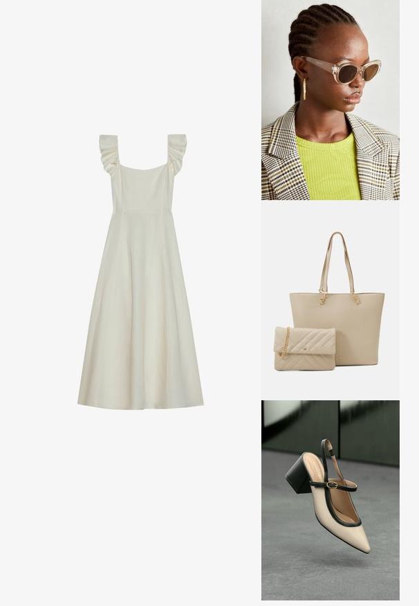 Kratka haljina kremaste boje bez rukava s kvadratnim dekolteom i volanima na ramenima, koja ima prilagođeni gornji dio i lepršavu suknju.; Bež cipele s otvorenom petom i šiljastim vrhom, crnim obrubom, zlatnom kopčom i debelim blok-petom na sivom podu s tamnozelenom pozadinom.; Prozirne mačkaste sunčane naočale s smešnim lećama i transparentnim okvirom. Manekenka nosi zeleni rebrasti top i karirani blejzer. Zlate kružne naušnice.; Bežna torba s ravnim ručkama, glatkom teksturom i zlatnim hardverom, u kombinaciji s odgovarajućim pufastim clutchom s lančićem.