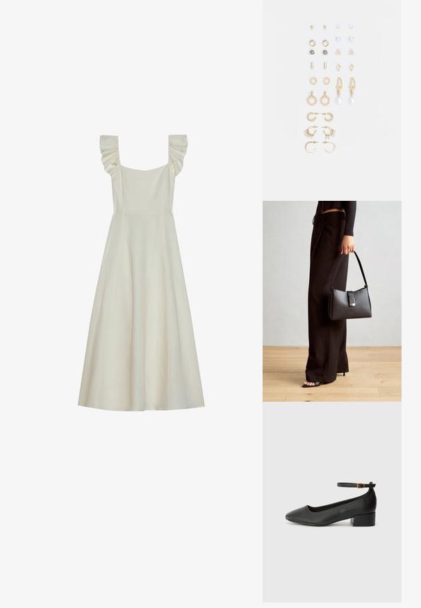 Ærmeløs, cremefarvet kjole med firkantet halsudskæring og rynkede skulderdetaljer, der har en tætsiddende bærestykke og en flagrende nederdel.; Sorte læderpumper med spids tå og en lav blokhæl. Har en ankelrem med en guldfarvet spænde. Glat tekstur.; Sort håndtaske med struktureret form, glat overflade og metalspænde. Sammen med brede sorte bukser og sandaler med åben tå på trægulv.; Sæt af guldfarvede øreringe med forskellige designs, herunder studs, hoops og hængende modeller med perler og rhinsten.