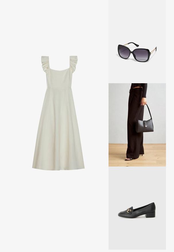 Bez piedurknēm, krēmpis tonalitātes kleita ar kvadrātveida dekoltē un rufflētu plecu detaļām, ar pieguļošu augšdaļu un paplatinātu svārku.; Melnas ādas loafers ar plakanu papēdi, kurām priekšā ir dekoratīvs zelta aparatūras elements un gluda tekstūra.; Melni pārmērīgi lieli saulesbrilles ar gradāciju lēcām, biezām rāmja malām un zeltainas krāsas ķēžu detaļām uz tempļiem.; Melnā somiņa ar strukturētu formu, gludu tekstūru un metālu sprādzi. Saskaņota ar platām melnām biksēm un sandālēm ar atvērtu purngalu uz koka grīdas.