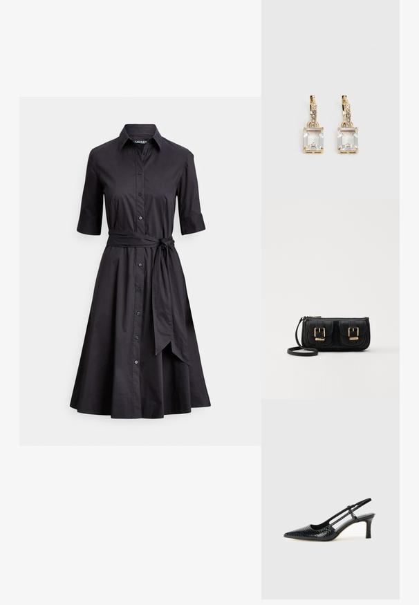 Svart skjortekjole laget av glatt stoff med knappestolpe foran, korte ermer, belte som bindes i midjen, og en utsvingt skjørt.; Sorte patent slingback hæl med spids tå, featuring tekstureret slangeskind, justerbar rem og en kort, tekstureret blokhæl.; Svart skinn crossbody veske med to frontlommer, gyldne spenner, glidelåslukking og en slank stropp. Teksturert overflate og kompakt rektangulær form.; Gullfargede øreringer med en rektangulær, klar krystall som henger under en rad av små, runde klare akenter. Elegante, moderne design.