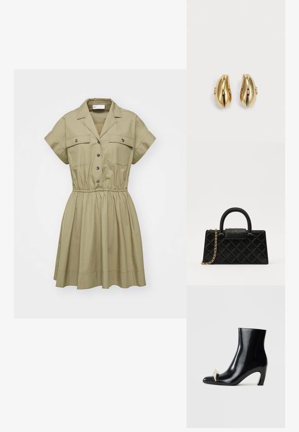 Khaki színű, galléros, rövid ujjú ruha gombos záródással, elasztikus derékkal és két mellzsebbel. Sima anyag és bővülő szoknyaszeg.; Fekete bokacsizma fényes bőrből, hegyes orral és díszes arany- és ezüstszínű részlettel az elején. Tömör sarok kialakítás.; Fekete kézitáska texturált bőrből, gyémántmintázattal, aranyszínű láncos pánttal és logóval gravírozott fedélzárral ellátott felső fogantyúval.; Aranyszínű fülbevalók, amelyek áramló, ívelt formájúak. Minden fülbevaló sima felülettel és egy kis kapoccsal rendelkezik, amely dekoratív részletet tartalmaz.