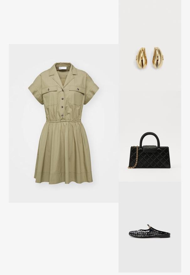 Khaki šaty s krátkým rukávem, límečkem, zapínáním na knoflíky, elastickým pasem a dvěma náprsními kapsami. Hladká tkanina a rozšířený lem sukňky.; Tory Burch MELLOW MARY JANE - Pantofle - perfect black/gold; Černá kabelka vyrobená z texturované kůže se vzorem diamantů, zlatě tónovaný řetízek, a horní rukojeť s klopou opatřenou embosovaným logem.; Náušnice ve zlatém tónu s plynulým, zakřiveným designem. Každá náušnice má hladký povrch a malý uzávěr s ozdobným detailem.