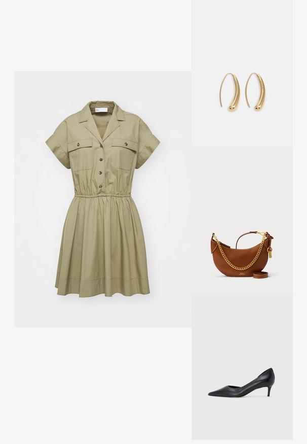 Khaki kesäpuvun, jossa on lyhyet hihat, kaulus, napitus, joustava vyötärö ja kaksi rintataskua. Silkkinen kangas ja levenevä hameen helma.; Musta nahkainen avokärkinen korkokenkä, jossa on matala korko. Kenkä on sileäpintainen ja siinä on himmeä kiilto. Edessä on avoin leikkaus, joka lisää yksityiskohtaisuutta.; Ruskea nahkakäsilaukku, jossa on kaareva muotoilu, kultaketjuhihna, sisätasku ja irrotettava olkahihna. Ominaisuuksina on kontrastivärinen ommel.; Korvakorut kultasävytteistä metallista, joissa on kaareva, pitkänomainen muoto. Ominaisuuksiin kuuluu sileä, kiiltävä pinta ja pyöreä kärki lisäyksinä.