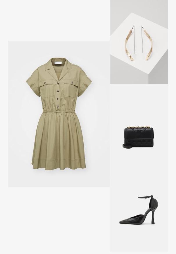 Khaki īsām piedurknēm kleita ar apkakli, pogu aizdari, elastīgu jostas vietu un divām krūšu kabatām. Gluda auduma un izvēdināta svārku apakšdaļa.; Melnas augstpapēžu kurpes ar spīdīgu apdari, smailu purngalu, potītes siksniņu un izveidotu stiletto papēdi. Gluda tekstūra un elegants dizains.; Melna ādas rokassoma ar quilted dizainu. Tai ir zelta ķēdes siksna un atloka aizdare, uz kuras ir izcelts logotips uz priekšpuses.; Zelta un sudraba kuloni, kas veidoti ar izliekta, pagarināta formu. Spīdīga virsma ar gludu tekstūru un minimālistisku dizainu.